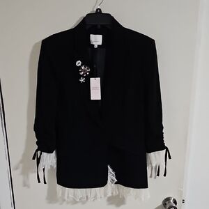 cinq a sept Black Blazer with White Fringe and Brooch
